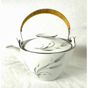 Vintage Noritake Prosperity Tea Pot Silver Wheat 6841 Bamboo Handle